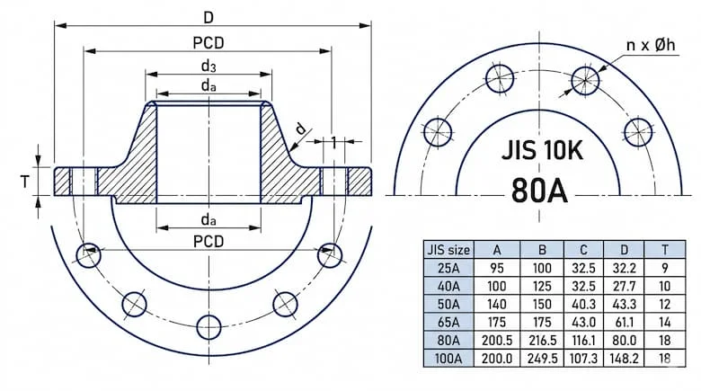 Bản vẽ kỹ thuật chi tiết của mặt bích JIS thể hiện các kích thước như đường kính ngoài, đường kính vòng bu lông (PCD), số lỗ bu lông và độ dày
