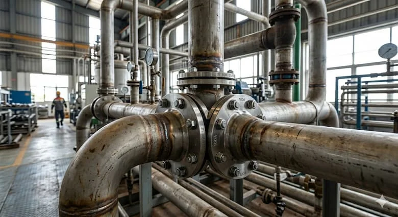 Hệ thống đường ống công nghiệp thực tế sử dụng mặt bích JIS, thể hiện hai đường ống được nối với nhau bằng bu lông và gioăng, môi trường nhà máy, đường ống kim loại