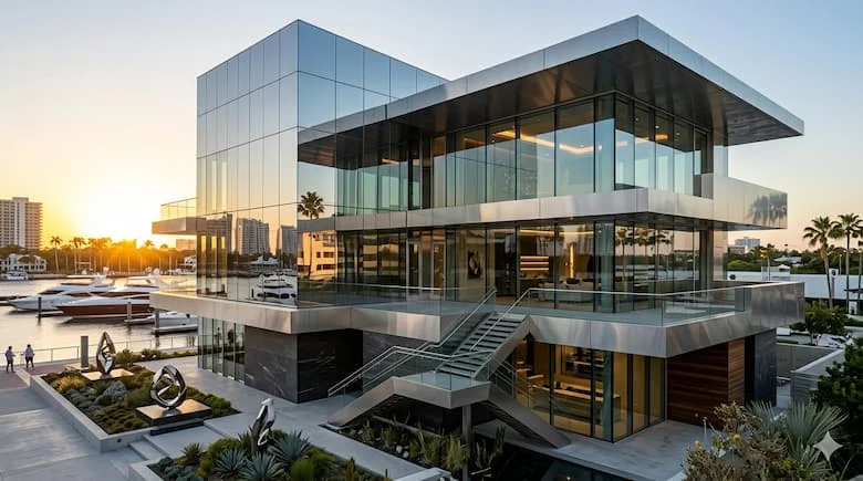 Thép không gỉ 304 được sử dụng trong kiến ​​trúc hiện đại, ốp tường và tấm lợp kim loại, bề mặt sáng bóng, môi trường ngoài trời