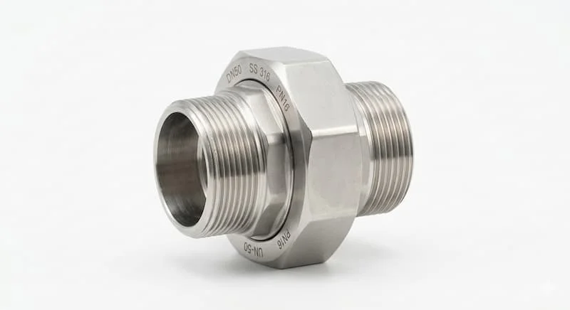 Bức ảnh chụp sản phẩm chuyên nghiệp, sạch sẽ của một rắc co (union) DN50 bằng thép không gỉ