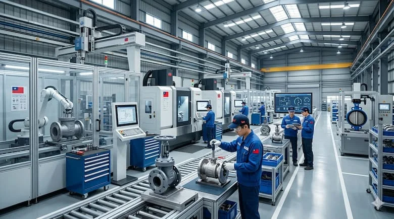 Nhà máy sản xuất van công nghiệp hiện đại tại Đài Loan, công nhân lắp ráp van kim loại, máy CNC, dây chuyền sản xuất sạch sẽ