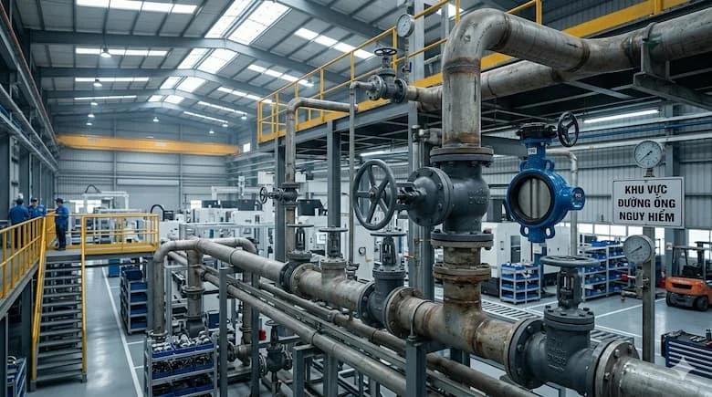 Hệ thống đường ống công nghiệp với nhiều van được lắp đặt, bao gồm van bướm và van cổng, môi trường nhà máy, ống thép, bối cảnh công nghiệp