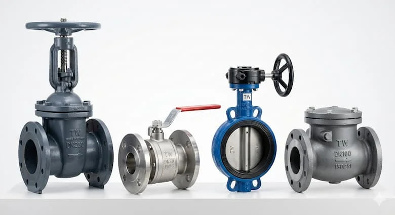 Bộ sưu tập các loại van công nghiệp sản xuất tại Đài Loan, bao gồm van bi, van cổng, van bướm và van một chiều, chất liệu kim loại cao cấ