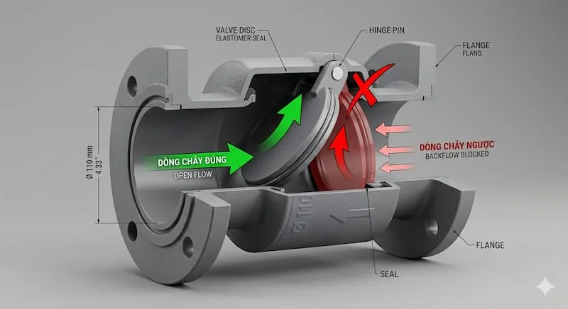 Hình minh họa 3D sắc nét cho thấy mặt cắt ngang của van một chiều 110mm.