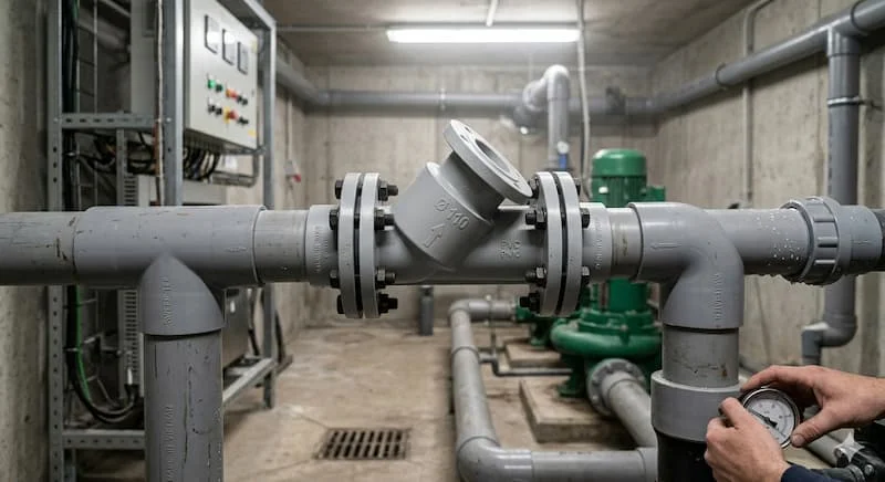 Ảnh chụp thực tế bên trong phòng kỹ thuật hoặc phòng máy móc, cho thấy một van một chiều bằng PVC màu xám 110mm được lắp đặt nằm ngang trong hệ thống đường ống nước thải.