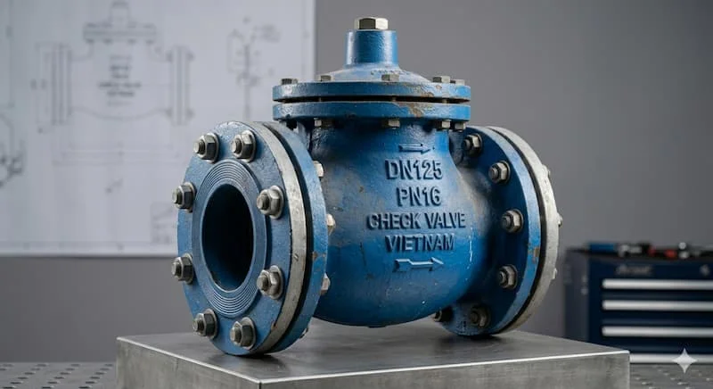 Một bức ảnh cận cảnh, sắc nét, tập trung hoàn toàn vào thân van 1 chiều DN125.