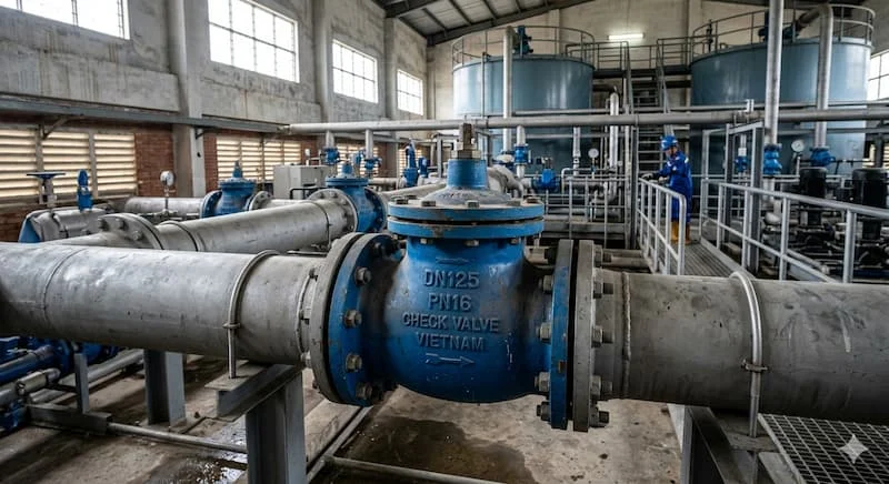 Đặt sản phẩm vào bối cảnh thực tế trong một hệ thống đường ống công nghiệp để thể hiện sự mạnh mẽ và quy mô.