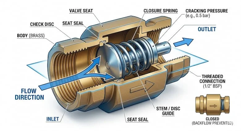 Sơ đồ cắt chi tiết của van một chiều DN15 thể hiện cấu trúc bên trong, bao gồm lò xo, đĩa van và mũi tên chỉ hướng dòng chảy