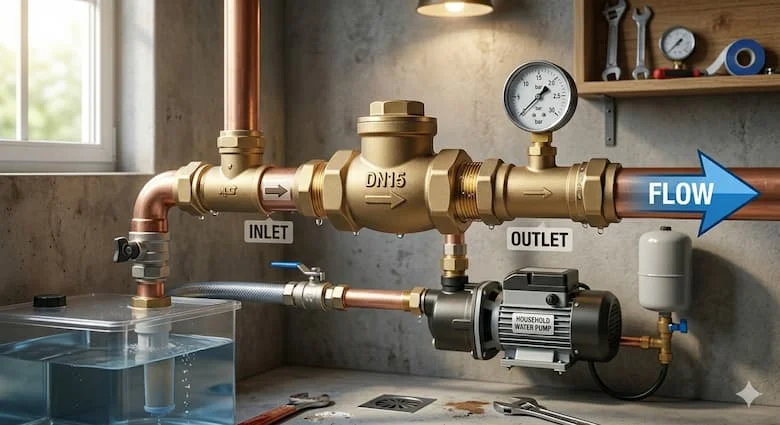 Hình ảnh thực tế lắp đặt van một chiều DN15 trong hệ thống cấp nước gia đình, kết nối với một máy bơm nước nhỏ.