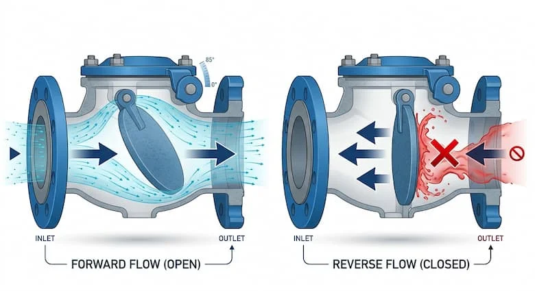 Hình minh họa cho thấy cách hoạt động của van một chiều dạng cánh, với dòng chất lỏng chảy theo một chiều làm mở đĩa van và dòng chảy ngược chiều làm đóng đĩa van