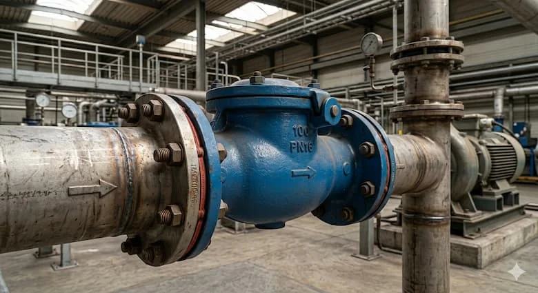 Hệ thống đường ống công nghiệp thực tế với van một chiều dạng cánh được lắp đặt giữa các ống có mặt bích, bu lông và gioăng có thể nhìn thấy, môi trường nhà máy