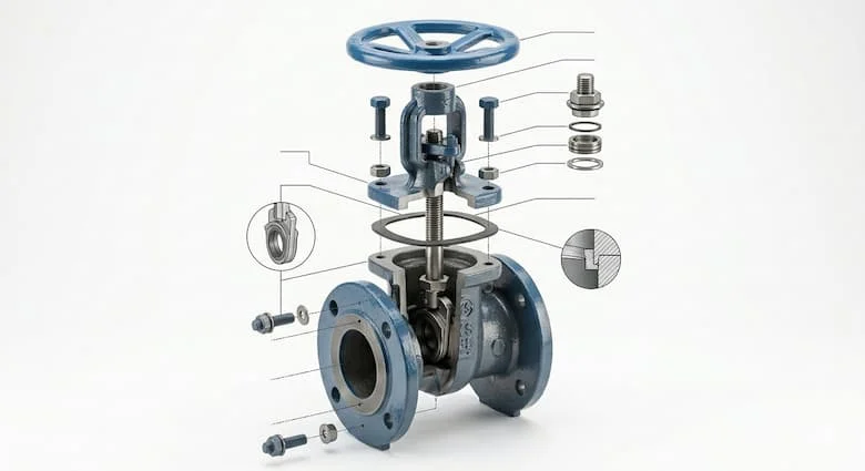 Hình ảnh tháo rời của một van cổng gang, thể hiện các bộ phận bên trong như thân van, nắp van, trục van, đĩa van, tay quay, bu lông