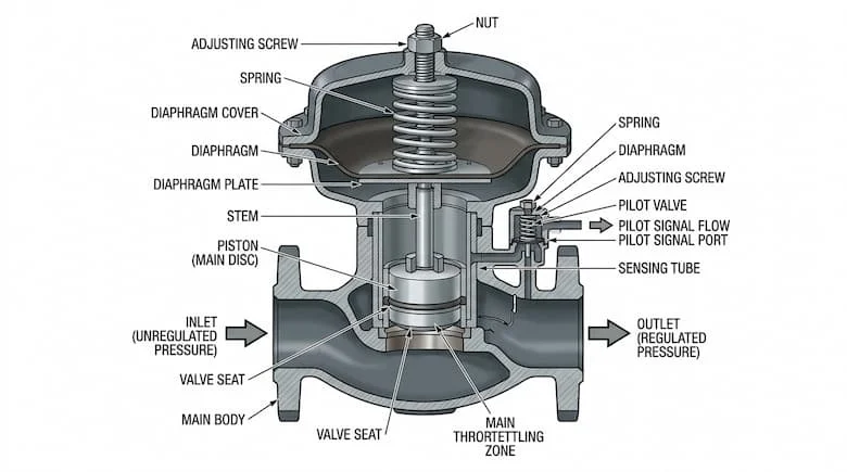 chi tiết của một van điều áp tự động, thể hiện các bộ phận bên trong như lò xo, màng ngăn và piston