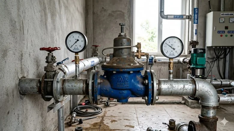 Van điều áp tự động được lắp đặt trong hệ thống đường ống dẫn nước, kết nối với các đường ống và đồng hồ đo áp suất, môi trường thực tế