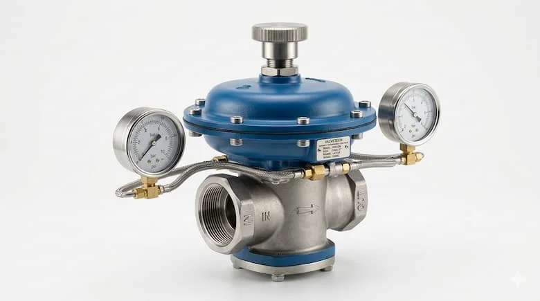 Hình ảnh chân thực độ phân giải cao của một van điều áp tự động, thân bằng kim loại, thiết kế công nghiệp hiện đại,