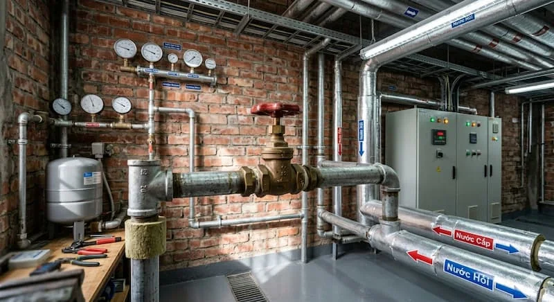 Một bức ảnh góc rộng hơn, chụp bên trong một phòng máy hiện đại hoặc nhà máy công nghiệp. Một chiếc van dừng kích thước lớn, làm bằng thép không gỉ, được lắp trên một đường ống thép cách nhiệt.