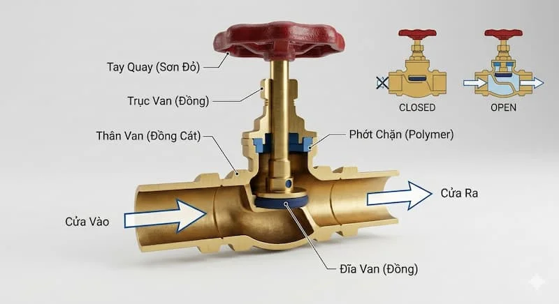 Một bản đồ họa 3D sạch sẽ, render chất lượng cao của một chiếc van dừng. Van được hiển thị ở dạng mặt cắt, rõ ràng các bộ phận bên trong như bi van, gioăng làm kín, trục van và thân van.