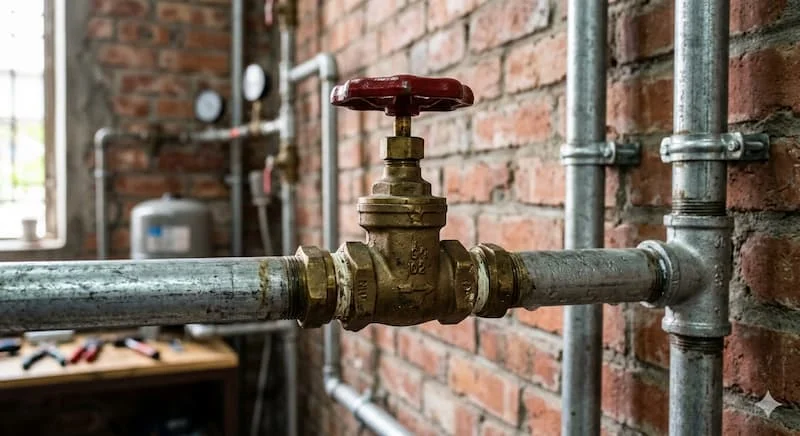 Một bức ảnh chụp cận cảnh, chất lượng cao, tập trung vào một chiếc van dừng bằng đồng thau được lắp đặt gọn gàng trên đường ống nước kim loại.