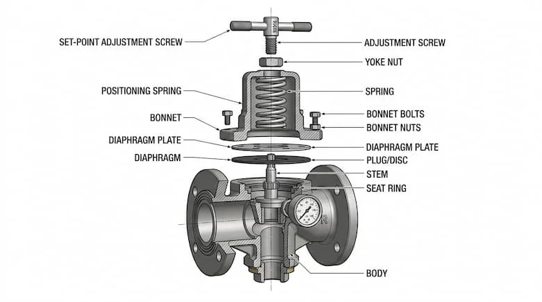 Hình ảnh tháo rời của một van giảm áp hơi nước, thể hiện các bộ phận bên trong bao gồm thân van, lò xo, màng ngăn, đế van, đĩa van và vít điều chỉnh.