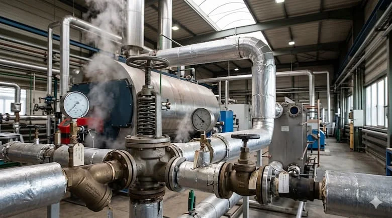 Van giảm áp hơi nước được lắp đặt trong hệ thống đường ống hơi nước công nghiệp, kết nối với nồi hơi và thiết bị, đồng hồ đo và đường ống có thể nhìn thấy, môi trường nhà máy