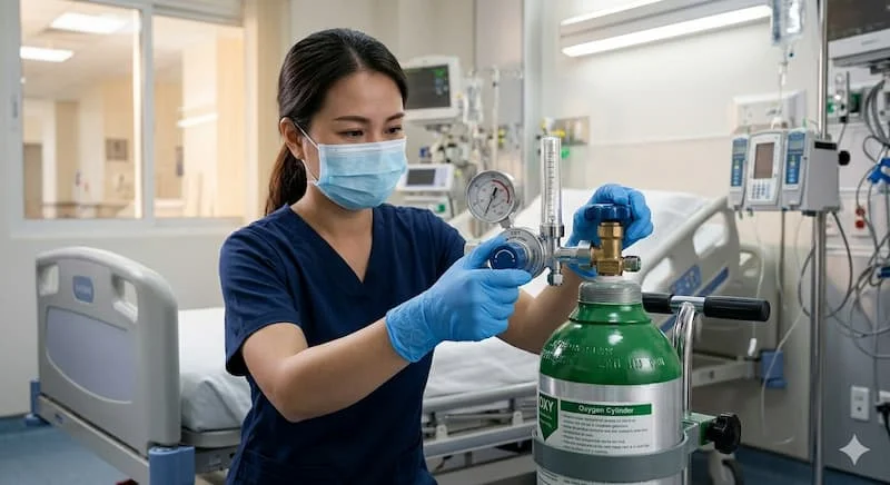 Một bức ảnh mô tả một nhân viên y tế (đeo găng tay, khẩu trang) đang thao tác lắp đặt van giảm áp oxy vào một bình oxy y tế lớn màu xanh trong phòng bệnh viện.