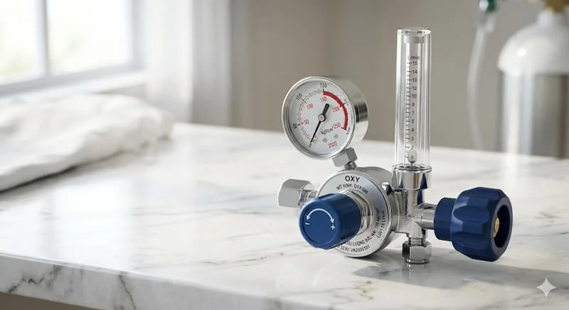 Ảnh chụp cận cảnh, chất lượng cao của một chiếc van giảm áp oxy bằng đồng mạ crom sáng bóng. Van được đặt trên một bề mặt phẳng, tối giản