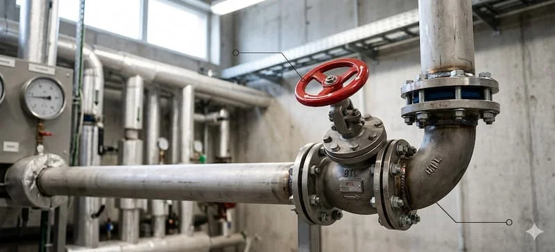 Chụp van góc được lắp đặt hoàn chỉnh trên một đoạn đường ống cấp nước hoặc khí nén.