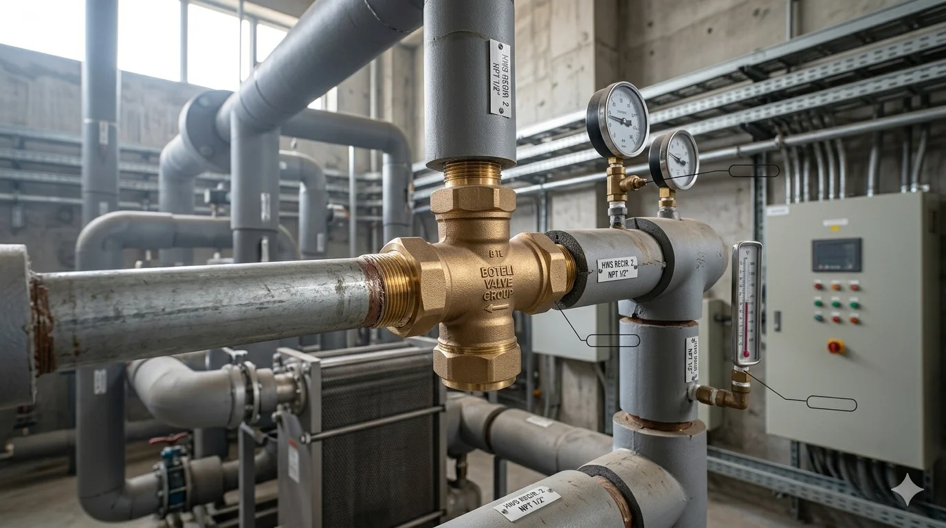 Chụp van hồi nước nóng được lắp đặt hoàn chỉnh trên một đoạn đường ống trong hệ thống đường ống cấp nước nóng lớn, kết nối bằng ren.