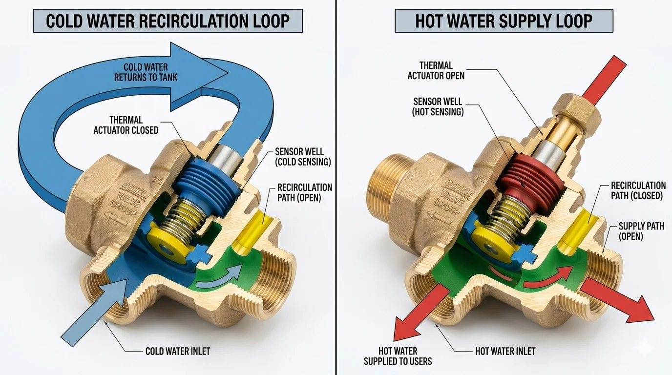 Ảnh so sánh tính năng hồi nước nóng của van hồi nước nóng, kết hợp 2 hình ảnh trong một khung hình: hình ảnh bên trái thể hiện nước lạnh được hồi về bồn chứa với mũi tên màu xanh lớn, hình ảnh bên phải thể hiện nước nóng được cung cấp với mũi tên màu đỏ nhỏ hơn sau khi đi qua valve.