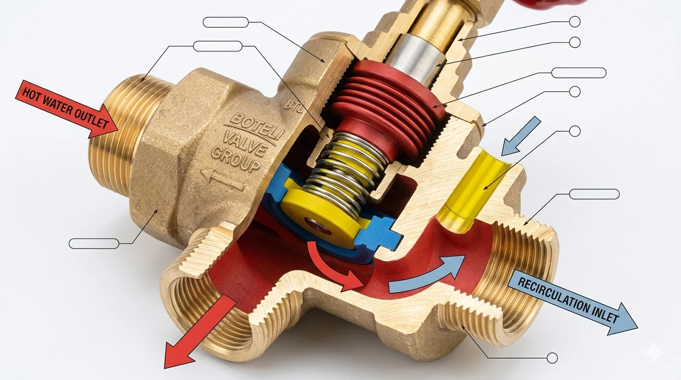 Chụp cận cảnh chi tiết cấu tạo van hồi nước nóng, thể hiện rõ thân valve bằng đồng gia công chính xác, cơ chế điều chỉnh lò xo nhiệt bên trong và các đường ren sắc nét.
