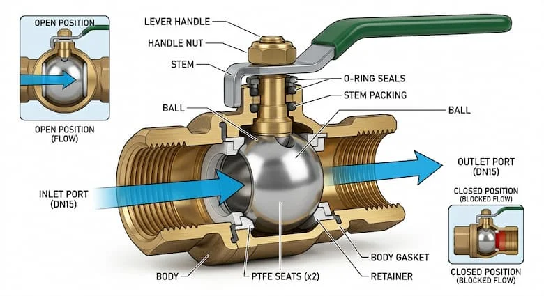 Sơ đồ cắt ngang chi tiết của van khóa nước phi 21(van bi), thể hiện các bộ phận bên trong như bi, trục, gioăng và đường dẫn dòng chảy