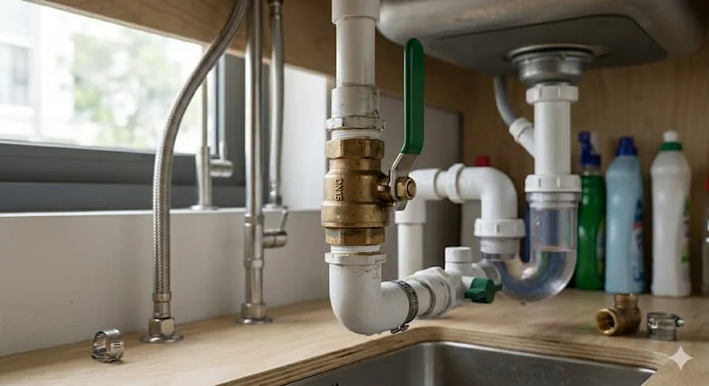 Hình ảnh thực tế của van khóa nước phi 21 được lắp đặt trong hệ thống đường ống nước gia đình, kết nối với ống PVC dưới bồn rửa