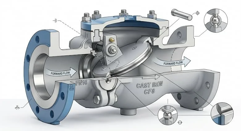 Hình ảnh cắt ngang của van một chiều kiểu cánh gạt, thể hiện đĩa van bên trong, cơ cấu bản lề, mũi tên chỉ hướng dòng chảy