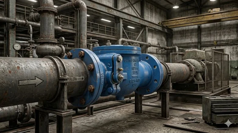 Van một chiều kiểu xoay được lắp đặt trong hệ thống đường ống công nghiệp, ống thép lớn, kết nối mặt bích, môi trường nhà máy