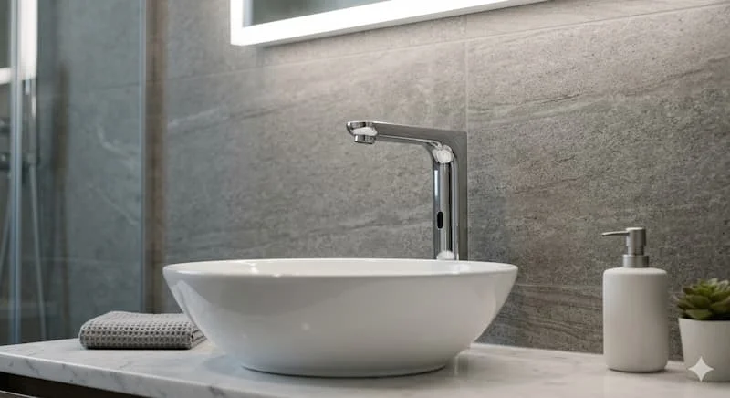 Một bức ảnh tối giản và thanh lịch ghi lại hình ảnh vòi nước cảm ứng mạ crôm được lắp đặt phía trên bồn rửa hiện đại trong một phòng tắm tối giản