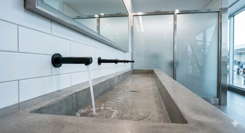 Một hàng bốn vòi nước cảm ứng màu đen mờ bóng bẩy, giống hệt nhau.