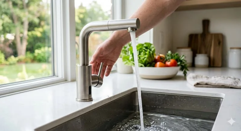 Vòi nước cảm ứng bằng thép không gỉ bóng bẩy trong một căn bếp hiện đại, sáng sủa.