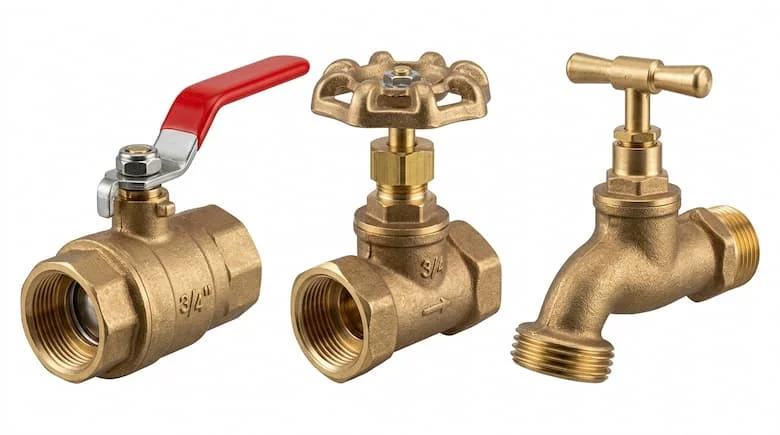 Các loại van bằng đồng thau 3/4 inch khác nhau, bao gồm van bi, van góc và van vòi nước