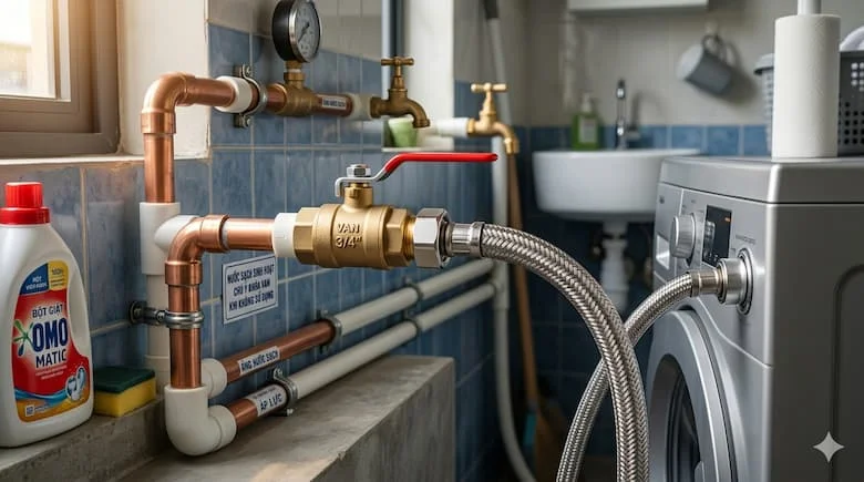 Van đồng thau 3/4 inch được lắp đặt trong hệ thống đường ống nước gia đình