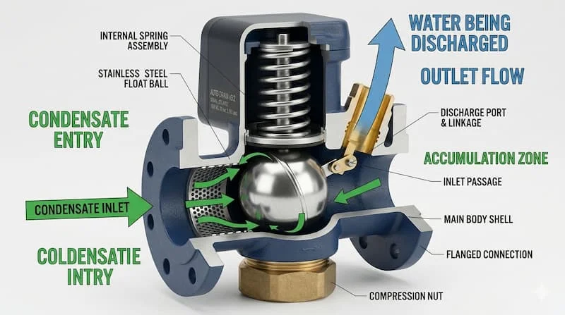 Ảnh minh họa kỹ thuật 3D render dạng cắt lớp (cutaway) của một van xả tự động dạng phao cơ. Thể hiện rõ quả phao bằng inox bên trong, lò xo và cửa xả. Sử dụng mũi tên đồ họa màu xanh lá cây chỉ hướng nước ngưng tụ đi vào và mũi tên màu xanh dương chỉ hướng nước được xả ra ngoài.