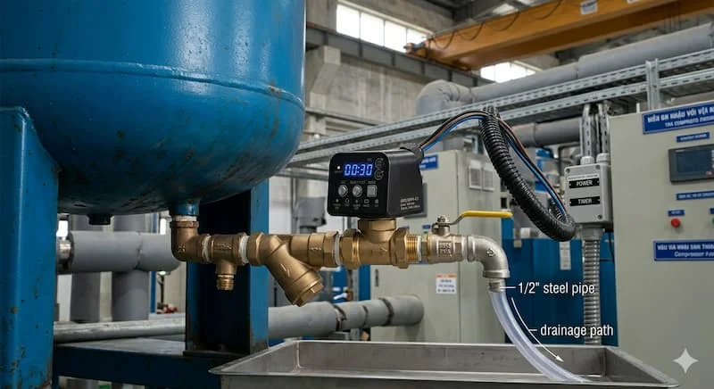 Chụp van xả tự động được lắp đặt hoàn chỉnh dưới đáy một bình tích áp khí nén lớn màu xanh công nghiệp. Thể hiện rõ đường ống dẫn nước xả và dây điện kết nối.