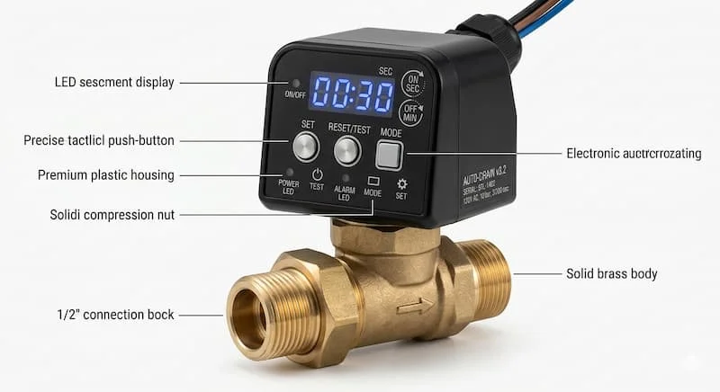 Chụp cận cảnh chi tiết một van xả tự động điện tử (timer drain valve) màu đen bóng. Thể hiện rõ bảng điều khiển có màn hình LED hiển thị thời gian, các nút bấm cài đặt và thân van bằng đồng thau chắc chắn.
