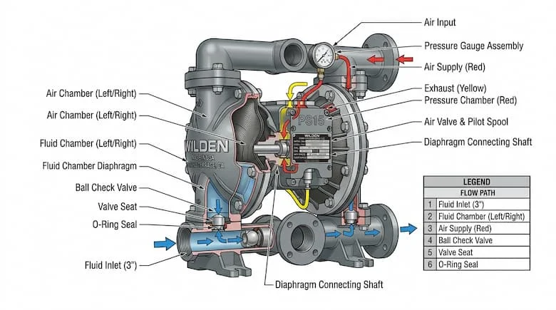 chi tiết của bơm màng Wilden 3 inch, thể hiện các bộ phận bên trong như màng bơm, van khí, buồng bơm và đường dẫn dòng chảy