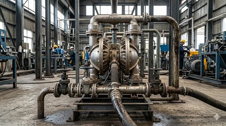 máy bơm màng Wilden 3 inch được lắp đặt trong một nhà máy công nghiệp, bơm hóa chất