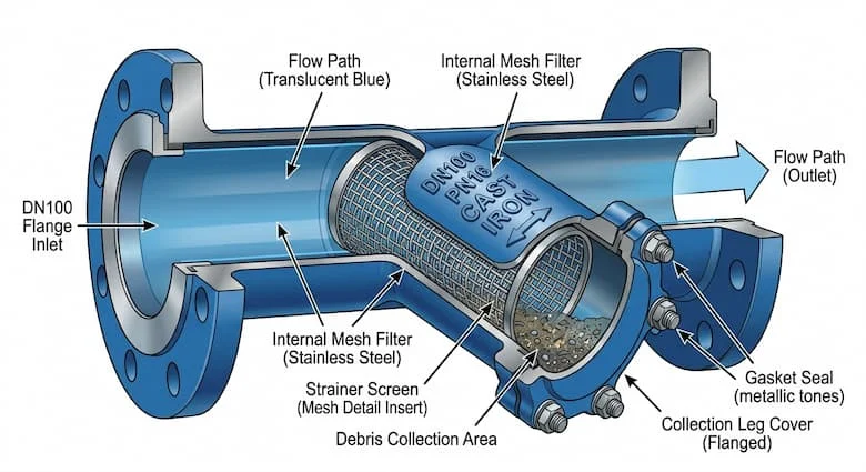 Sơ đồ cắt chi tiết của bộ lọc chữ Y DN100, thể hiện lưới lọc bên trong, đường dẫn dòng chảy và khu vực thu gom cặn bẩn