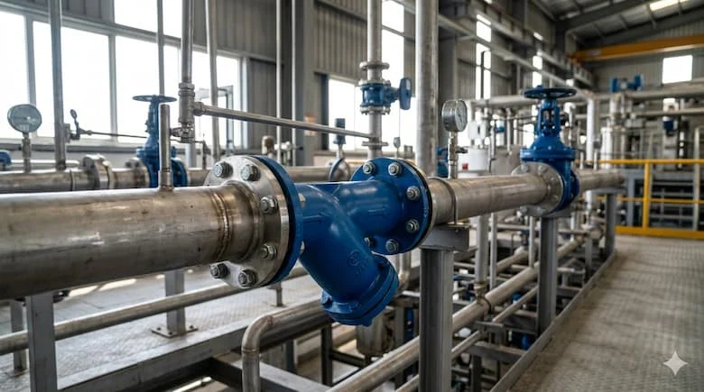 Hệ thống đường ống công nghiệp thực tế với bộ lọc chữ Y DN100 được lắp đặt giữa các ống có mặt bích, bu lông và gioăng có thể nhìn thấy, môi trường nhà máy