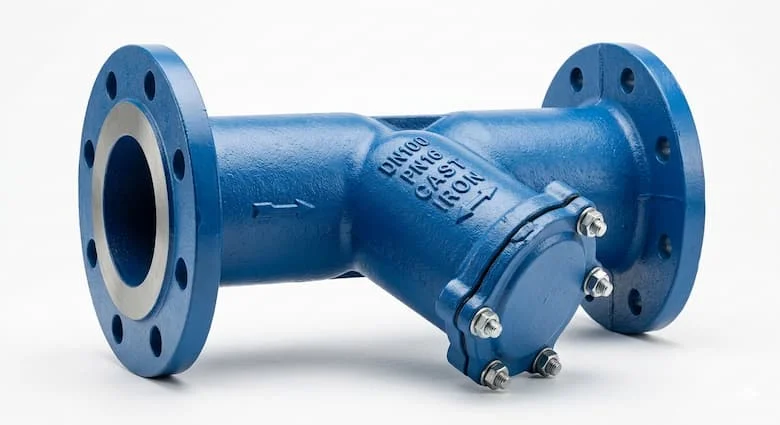 Hình ảnh sản phẩm độ phân giải cao của một bộ lọc chữ Y (lưới lọc Y) DN100, loại có mặt bích, làm bằng gang