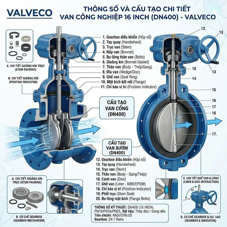 ảnh infographic mô phỏng cấu tạo van công nghiệp 16 inch valve DN400, hiển thị các bộ phận gồm thân van, đĩa van hoặc cánh van, trục van, gioăng kín và bộ truyền động gearbox