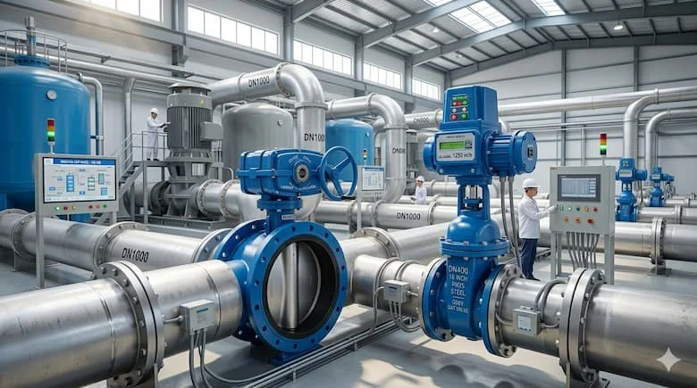 hình ảnh 16 inch valve DN400 đang lắp trên hệ thống đường ống công nghiệp lớn trong nhà máy nước hoặc HVAC, có đường ống thép kích thước lớn, actuator điện hoặc gearbox, môi trường kỹ thuật hiện đại