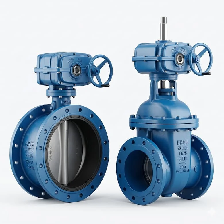 ảnh sản phẩm 16 inch valve công nghiệp kích thước lớn DN400, kiểu butterfly valve và gate valve, chất liệu gang và thép sơn epoxy màu xanh công nghiệp, kết nối mặt bích
